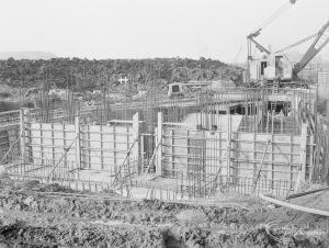 Riverside Sewage Works Reconstruction XIV, showing shuttering for walls of storm tanks, viewed from above, 1966
