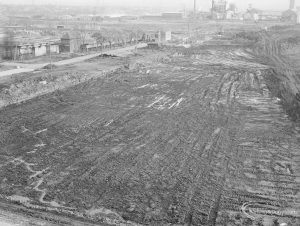 Riverside Sewage Works Reconstruction XIV, showing view from above of oblong area roughly cleared for last phase, 1966