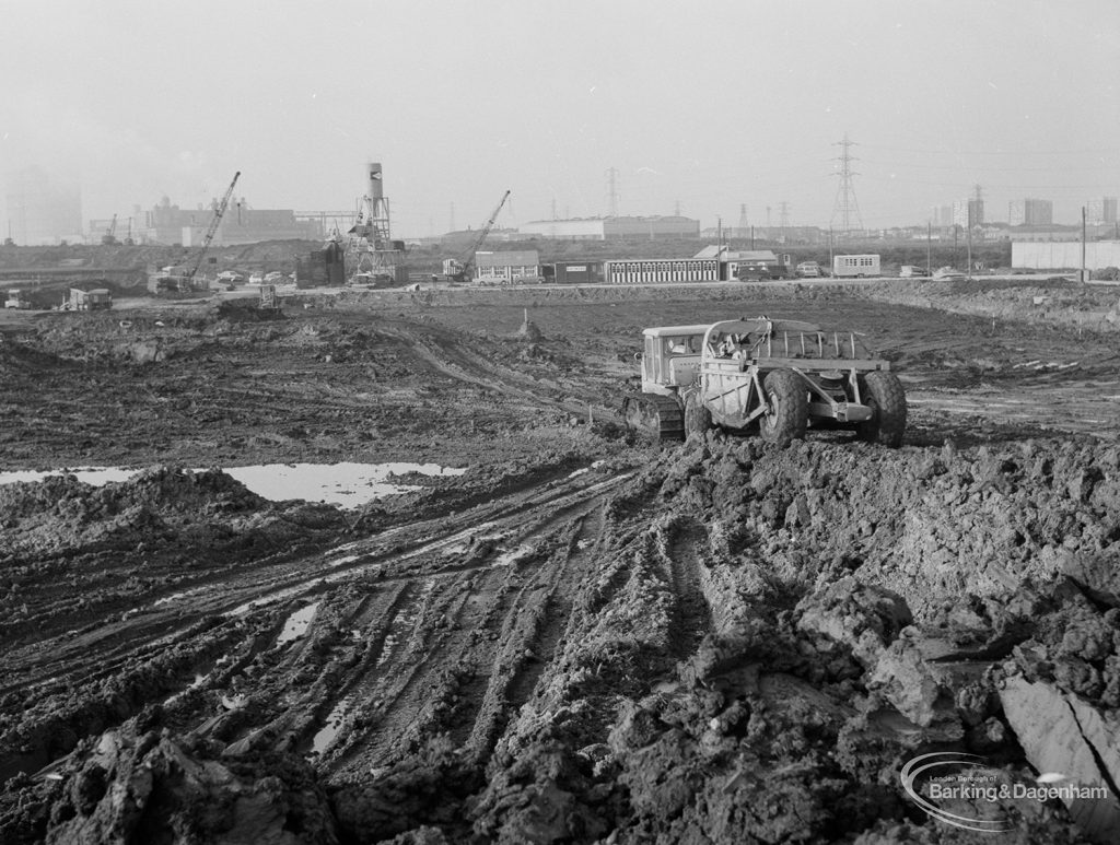 Riverside Sewage Works Reconstruction XIV, showing heavy clay and water being levelled, 1966