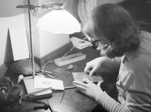Further Education, showing engraving class at John Preston School, Marks Gate with female student at work, 1966