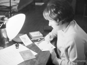 Further Education, showing engraving class at John Preston School, Marks Gate, with female student with plate, studying design, 1966