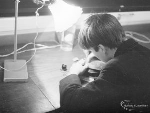 Further Education, showing engraving class at John Preston School, Marks Gate with male student at work, 1966