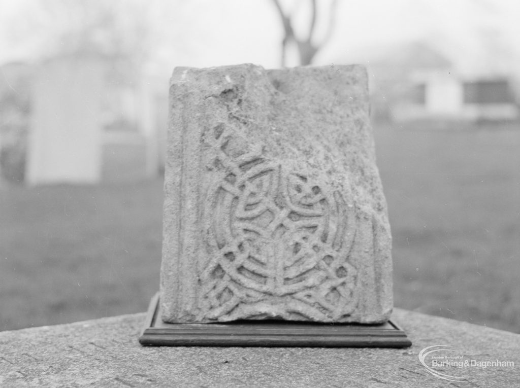 Barking Abbey, showing remains of Saxon Cross (first face), 1967