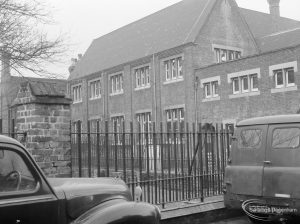 Barking Church of England School, later known as St. Margaret’s Church of England School, Back Lane, Barking, seen from gates in Back Lane, 1967