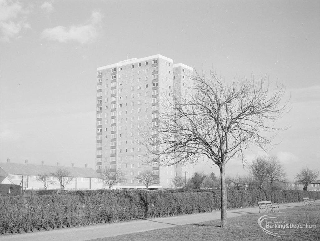 Housing, showing Thaxted House, Siviter Way, Dagenham, from Old Dagenham Park, 1967