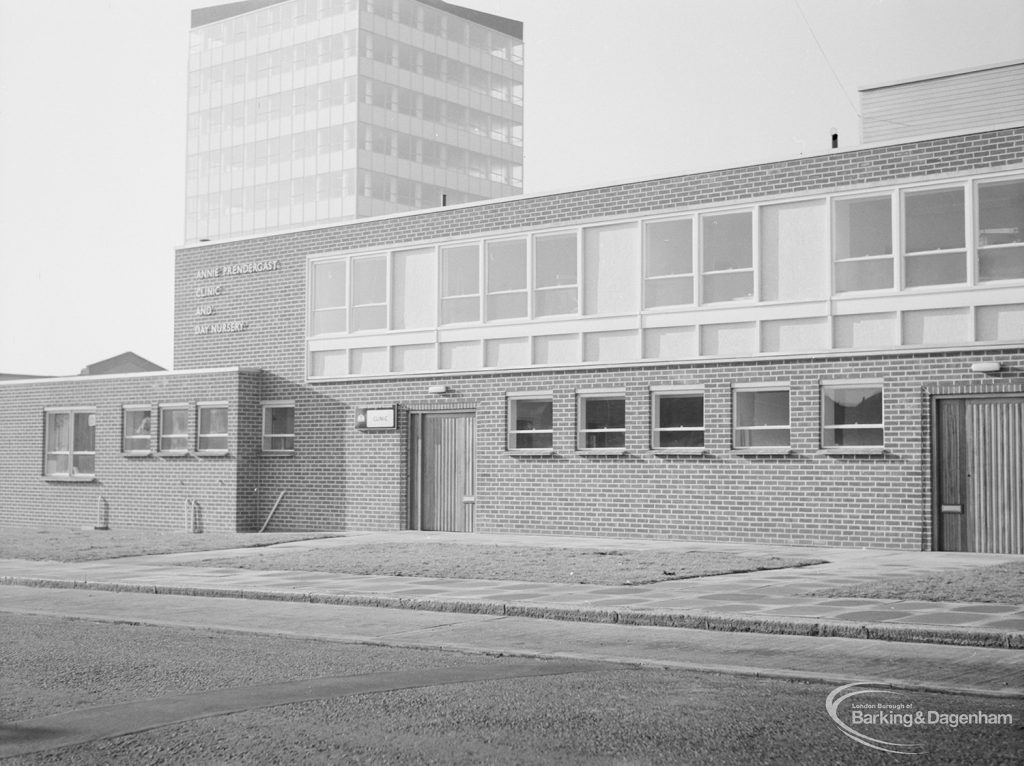 Health, showing exterior of Annie Prendergast Clinic and Day Nursery, Ashton Gardens, Chadwell Heath from north-east, 1967