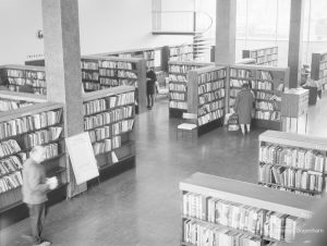 London Borough of Havering Central Library, Romford, showing view from above of lending department, 1967