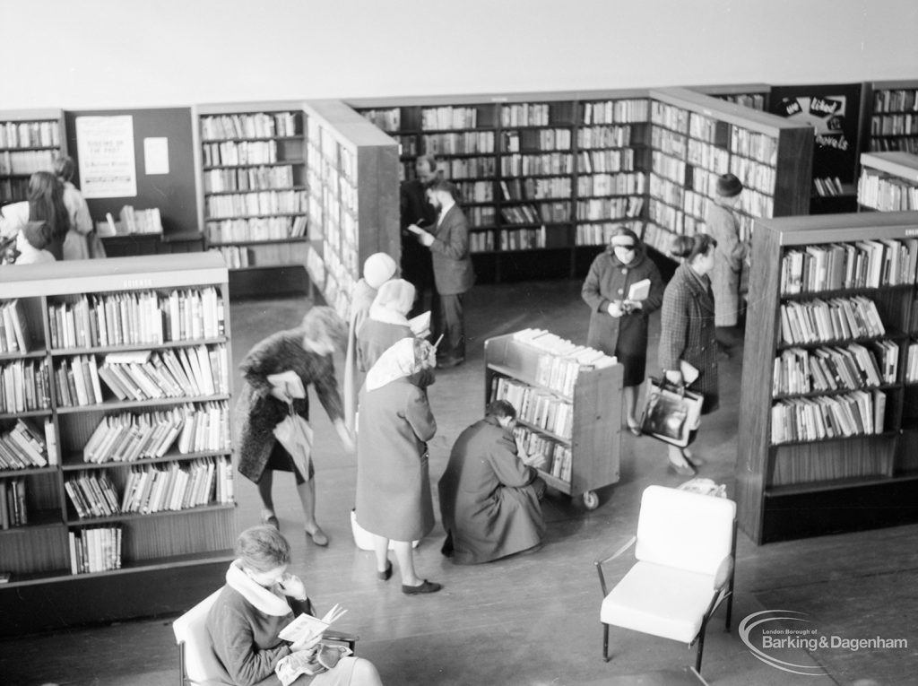 London Borough of Havering Central Library, Romford, showing lending section with library users, looking from above, 1967