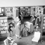 London Borough of Havering Central Library, Romford, showing lending section with library users, looking from above, 1967