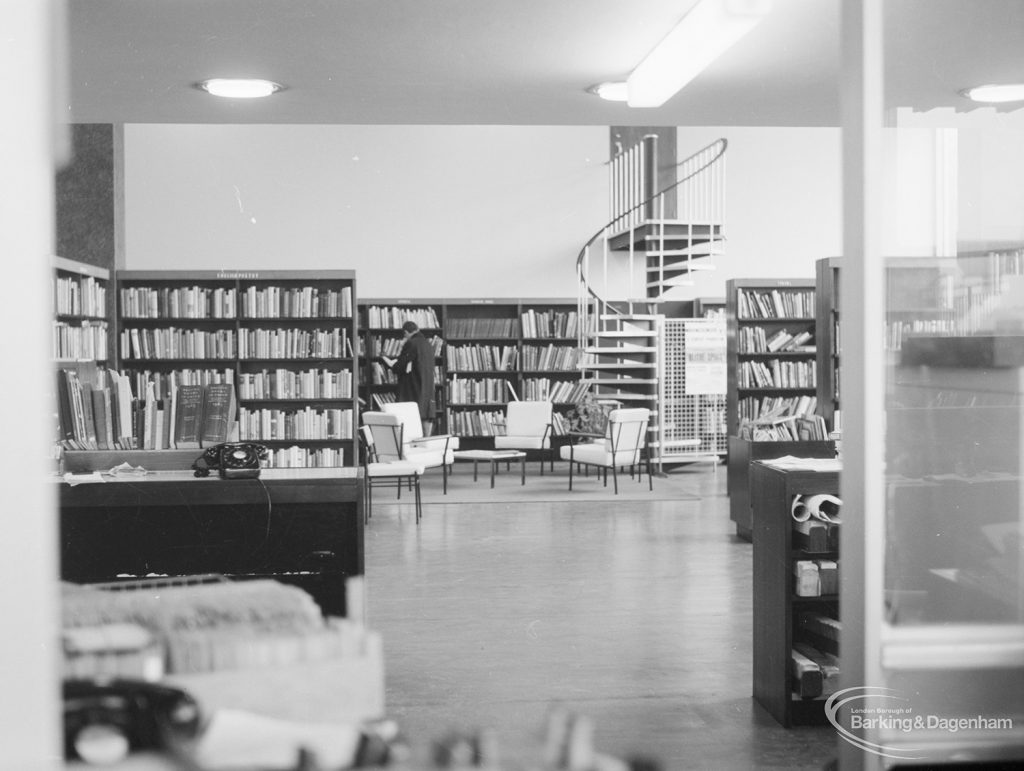 London Borough of Havering Central Library, Romford, showing adult section, with spiral staircase in background, 1967