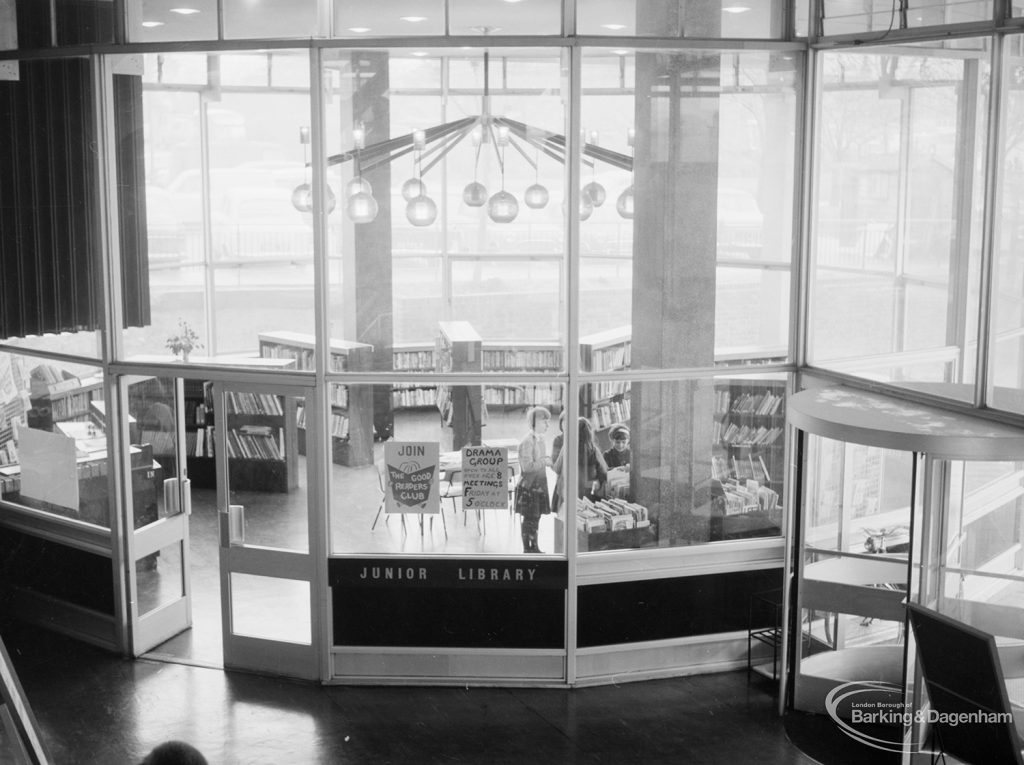 London Borough of Havering Central Library, Romford, showing the junior library, seen through glass screen, 1967