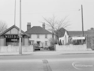 Old Dagenham Village, showing West and Coe Limited Funeral Directors premises with white cottage, 1967