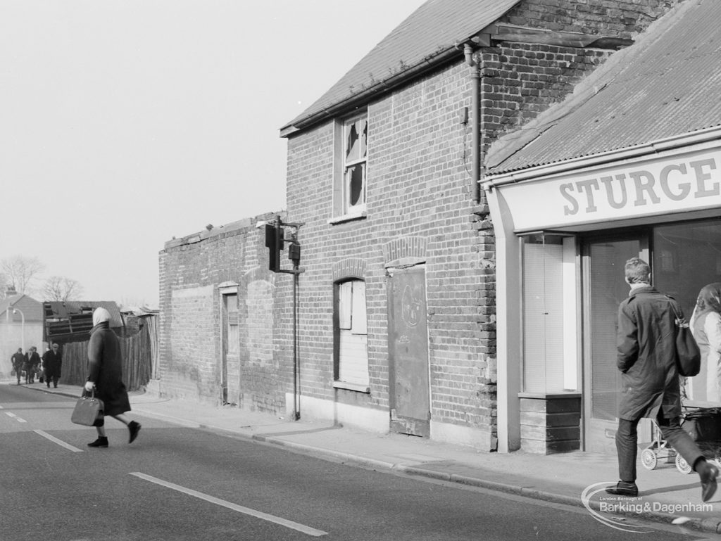 Crown Street, Old Dagenham Village, showing old houses and shop on north side, east end, 1967