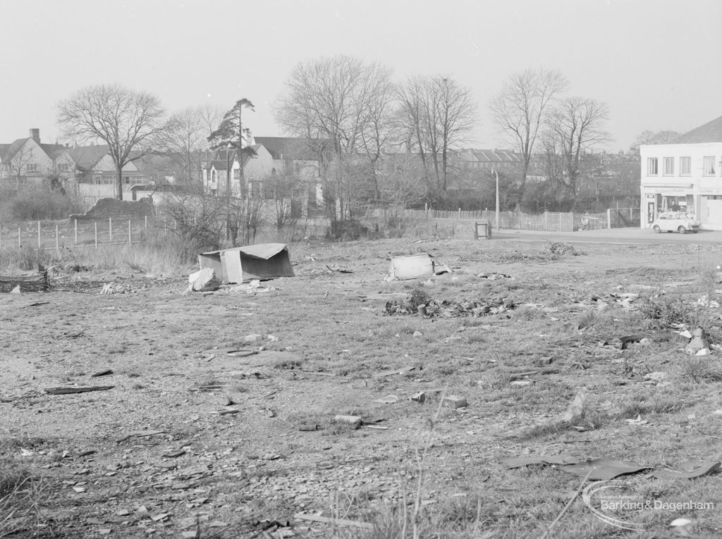 Crown Street, Old Dagenham Village, showing bulldozed clearance on south side, looking north-west, 1967