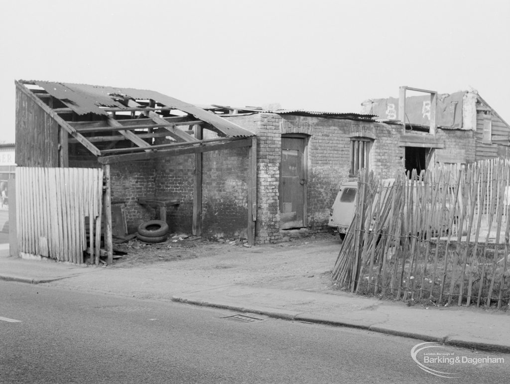 Crown Street, Old Dagenham Village, showing derelict sheds and outbuildings, south-east end, 1967