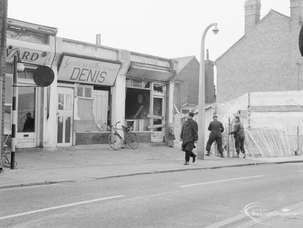 Crown Street, Old Dagenham Village, showing abandoned small shops on north side, 1967