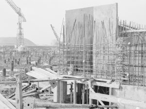 Sewage Works Reconstruction XVII (French’s contract), showing massive concrete buttress rising, 1967