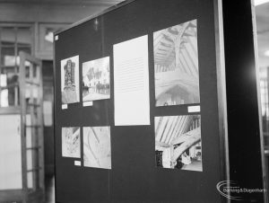 Victoria and Albert Vanishing History exhibition at Rectory Library, Dagenham, showing display stand with images of timbered roofs, 1967