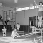 Faircross Special School, Hulse Avenue, Barking, showing gymnasium with rope climbing and group of children, 1967