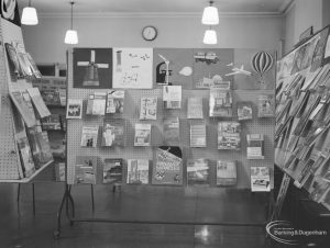 Barking Libraries Children’s Book Week at Valence House, Dagenham, showing selection of books on display stands, 1967