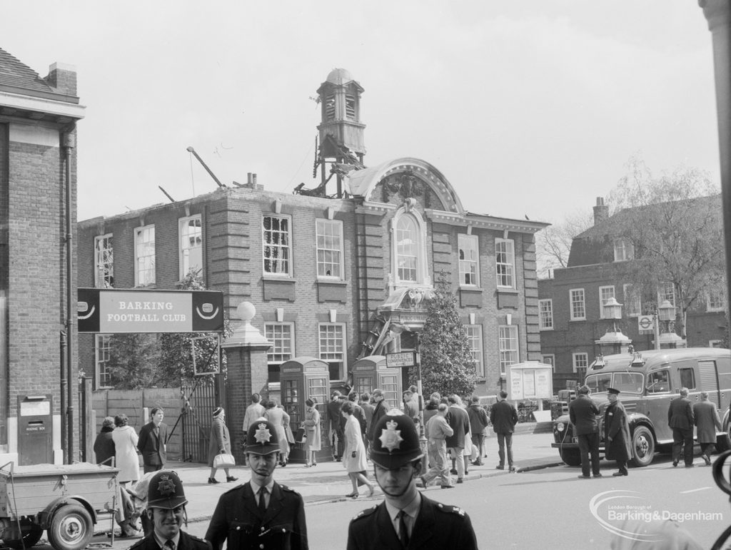 Fire at Barking Central Library, showing front of building, 1967