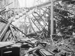 Fire at Barking Central Library, showing area to right of right staircase, 1967
