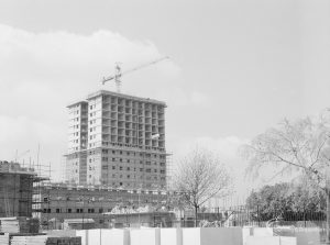 Housing development, showing complex of tower blocks of flats at Becontree Heath Development, and existing trees, 1967