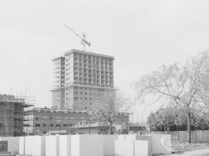 Housing development, showing complex of tower blocks of flats at Becontree Heath, and existing trees, 1967