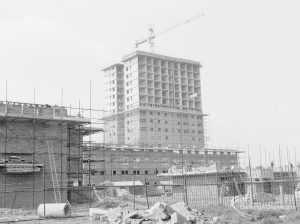 Housing development, showing whole area of blocks of flats at Becontree Heath, with foreground incomplete, 1967