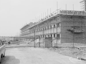 Housing development, showing horizontal view of blocks of flats at Becontree Heath, incomplete and looking from north, 1967