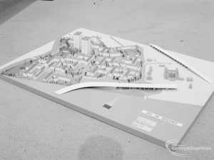 London Borough of Barking Architects Department redevelopment model of housing estate in Harts Lane, Barking, looking from south-east, 1967