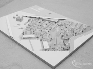 London Borough of Barking Architects Department redevelopment model of housing estate in Harts Lane, Barking, looking from north-west, 1967