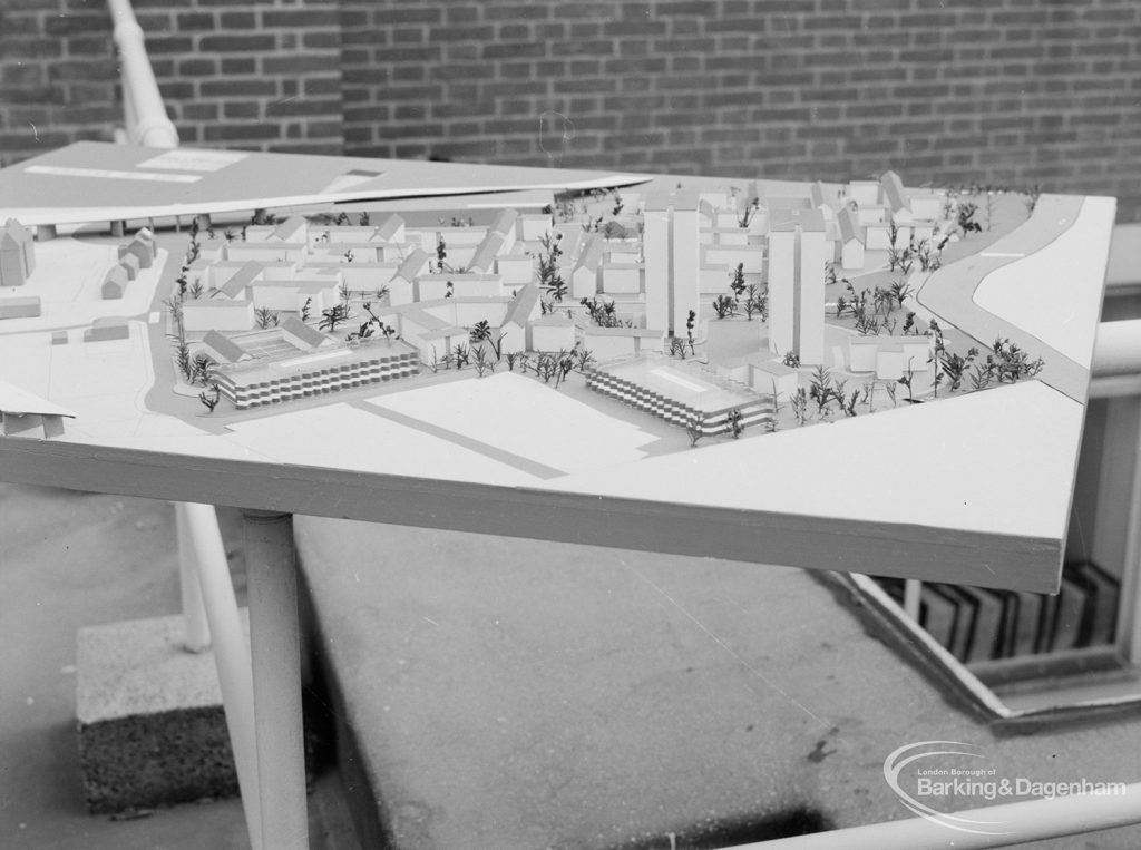 London Borough of Barking Architects Department redevelopment model of housing estate in Harts Lane, Barking, looking from north and with tower blocks in foreground, 1967