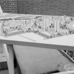 London Borough of Barking Architects Department redevelopment model of housing estate in Harts Lane, Barking, looking from north and with tower blocks in foreground, 1967