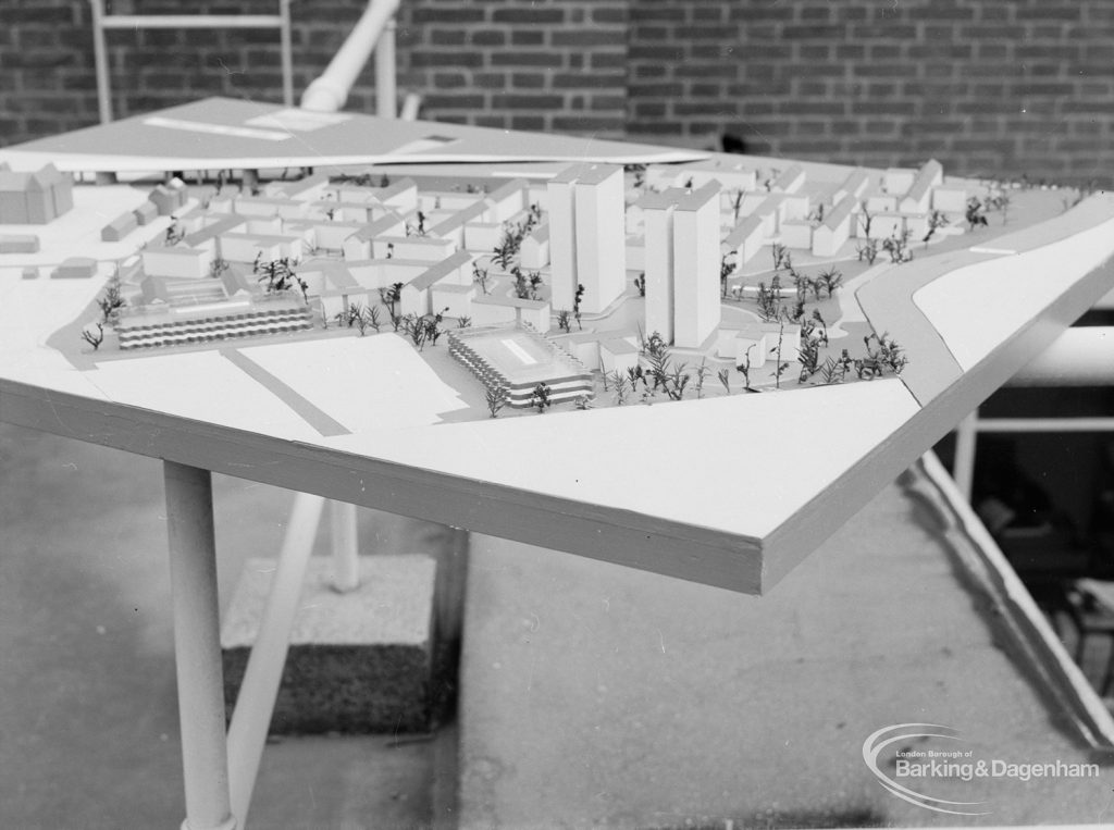 London Borough of Barking Architects Department redevelopment model of housing estate in Harts Lane, Barking, looking from north-west and with tower blocks in foreground, 1967