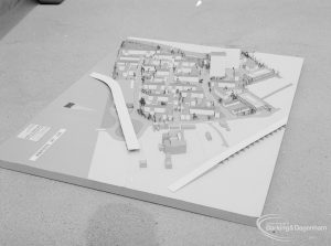 London Borough of Barking Architects Department redevelopment model of housing estate in Harts Lane, Barking, showing view from above, looking from east, 1967