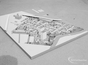 London Borough of Barking Architects Department redevelopment model of housing estate in Harts Lane, Barking, showing view from above, looking from west-north-west and featuring towers, 1967