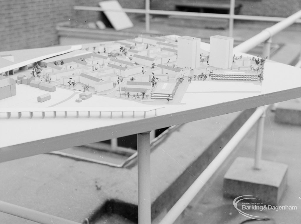 London Borough of Barking Architects Department redevelopment model of housing estate in Harts Lane, Barking, looking from north-east, 1967