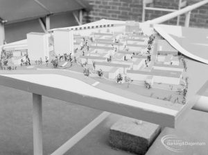 London Borough of Barking Architects Department redevelopment model of housing estate in Harts Lane, Barking, showing view from above, looking from south-west, 1967