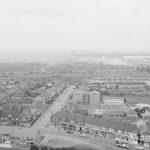 View from top of Thaxted House, Siviter Way, Dagenham, looking north, with Dagenham Village School on left and Charlotte Road bisecting, 1967