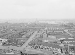 View from top of Thaxted House, Siviter Way, Dagenham, looking north, with Dagenham Village School on left and Charlotte Road bisecting, 1967