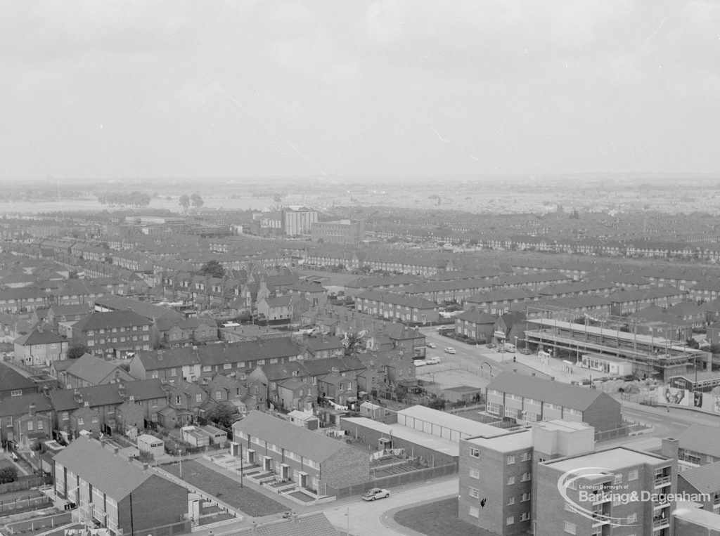 View from top of Thaxted House, Siviter Way, Dagenham, looking north-west across Church Elm Lane, with Hollidge Way in foreground [view west of EES11983], 1967