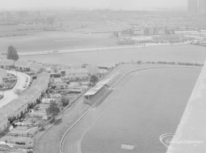 View from top of Thaxted House, Siviter Way, Dagenham, looking below to Sports Arena and Brook Avenue on left, 1967