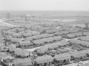 View from top of Thaxted House, Siviter Way, Dagenham, looking to Ballards Road across prefabs, and with Rookery Farm estate, 1967