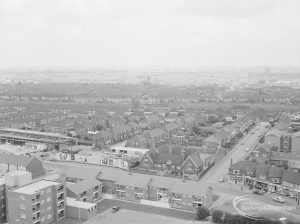 View from top of Thaxted House, Siviter Way, Dagenham, showing Church Elm Lane [left to right, and west of EES11986], with Charlotte Road bisecting, 1967