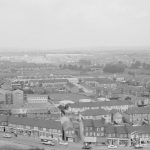 View from top of Thaxted House, Siviter Way, Dagenham, showing Church Elm Lane [continuation east of EES11985], with Pondfield Park beyond, 1967