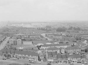 View from top of Thaxted House, Siviter Way, Dagenham, showing Church Elm Lane [continuation east of EES11985], with Pondfield Park beyond, 1967