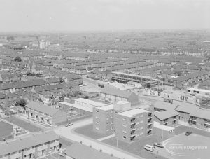 View from top of Thaxted House, Siviter Way, Dagenham, showing John Parker Close (in foreground) and flats, looking north-west, 1967