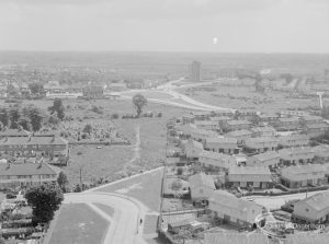 View from top of Thaxted House, Siviter Way, Dagenham, showing Siviter Way (foreground), Rainham Road roundabout (above), and roads including Acre Road, Beech Gardens and Boleyn Gardens (on right), 1967
