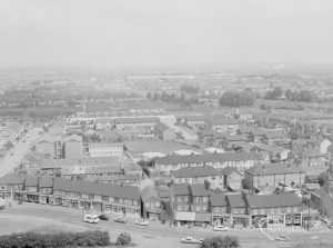 View from top of Thaxted House, Siviter Way, Dagenham [west of EES11989], showing Church Elm Lane (roadway) looking north to Rush Green, 1967